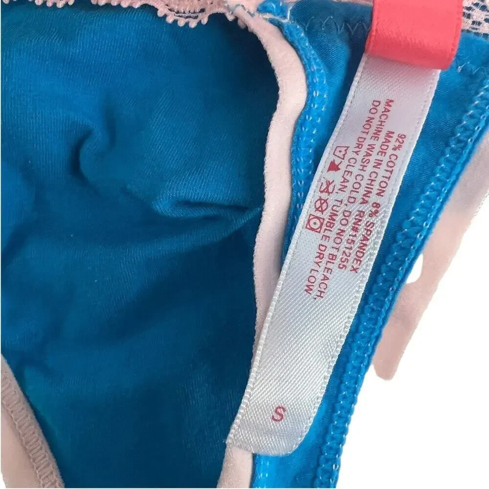 Splendies Thong Panty Blue Pink Trim Lace Accent Womens Size Small